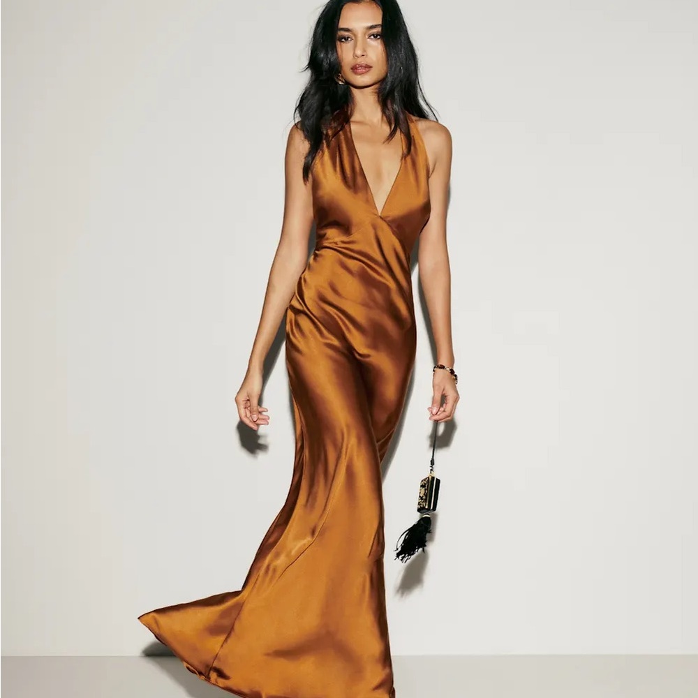Reformation Daniela Silk Dress Copper Satin Halter V-Neck Maxi Dress